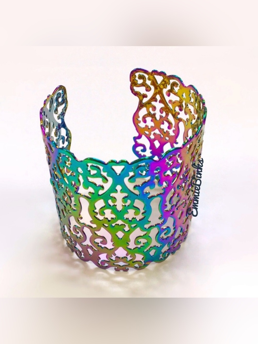 New Hollowed Out Scroll Metal Oil Slick Holographic Cuff Bracelet